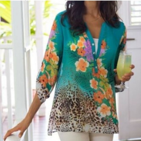 Soft surroundings floral leopard button V neck tunic blouse, tab sleeves, EUC - Picture 1 of 11